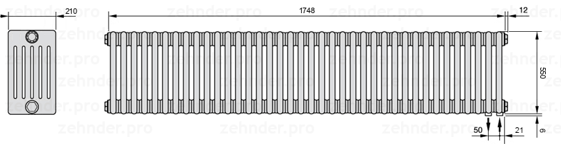 Схема (чертеж) Радиатор Zehnder Charleston 6055/38 №5510 Белый глянцевый RAL 9016